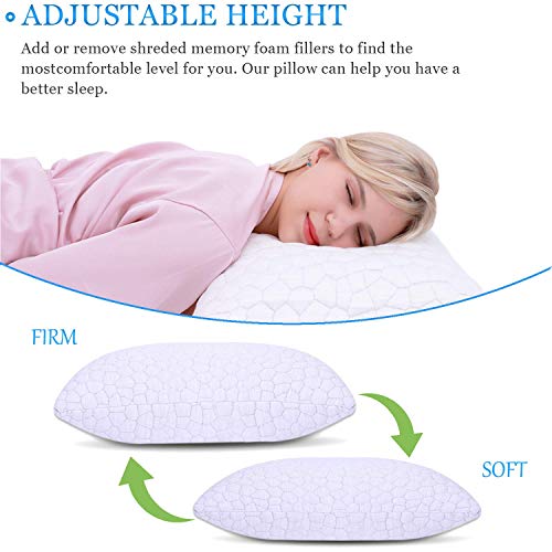 Standard Pillows Set of 2 Cooling Bed Pillows for Sleeping, 2 Pack Standard Size Shredded Memory Foam Pillows Adjustable Cool BAMBOO Pillow for Side Back Stomach Sleepers - Luxury Gel Pillows Standard