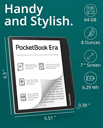 PocketBook Era E-Reader, Stardust Silver, 16GB | 7ʺ Glare-Free & Eye-Friendly Touch-Screen with E -Ink Technology | Waterproof | Text-to-Speech, Audio- & E-Book Reader | SMARTlight & Built-in Speaker