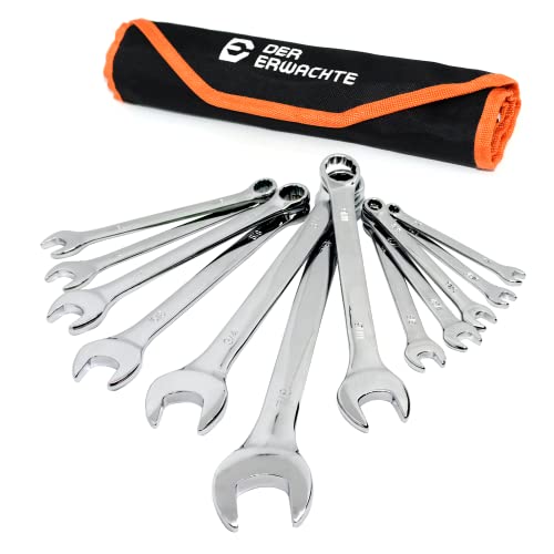 Der Erwachte Combination Wrench Set, SAE, 12-Piece, 1/4'' to 7/8'', 12-Point, Chrome Vanadium Steel, with Rolling Pouch