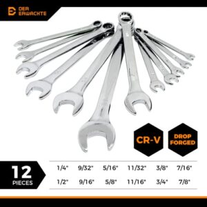 Der Erwachte Combination Wrench Set, SAE, 12-Piece, 1/4'' to 7/8'', 12-Point, Chrome Vanadium Steel, with Rolling Pouch