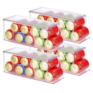 can drink holder with lid organizer for refrigerator, freezer & kitchen cabinets - space saving stackable clear can organizer & storage for pantry food, canned goods, soda & other beverages (4-pack)