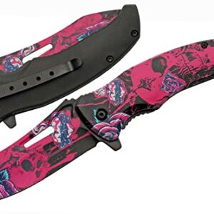 SZCO Supplies 8.5” Pink Rose Skull Liner Lock EDC Folding Knife With Pocket Clip