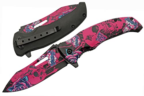 SZCO Supplies 8.5” Pink Rose Skull Liner Lock EDC Folding Knife With Pocket Clip