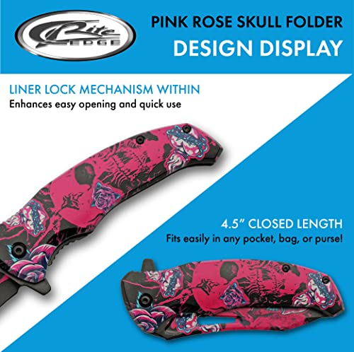 SZCO Supplies 8.5” Pink Rose Skull Liner Lock EDC Folding Knife With Pocket Clip