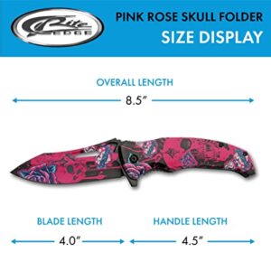 SZCO Supplies 8.5” Pink Rose Skull Liner Lock EDC Folding Knife With Pocket Clip