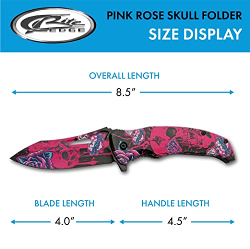 SZCO Supplies 8.5” Pink Rose Skull Liner Lock EDC Folding Knife With Pocket Clip