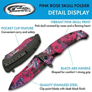 SZCO Supplies 8.5” Pink Rose Skull Liner Lock EDC Folding Knife With Pocket Clip