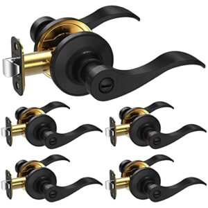 ticonn black door handle, traditional wave style matte black reversible door lever for interior doors and closet (privacy lock, 5-pack)
