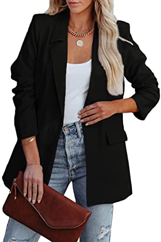 PRETTYGARDEN Women's Casual Blazers Long Sleeve Open Front Button Work Office Blazer Jackets with Pockets (Black,X-Large)