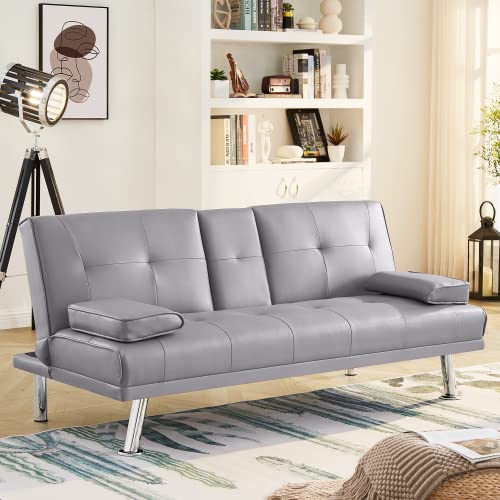 AWQM Faux Leather Futon Sofa Bed Upholstered Modern Convertible Sofa Bed Small Couch Bed Adjustable Couch Sleeper for Compact Living Space, Removable Armrests, Metal Legs, 2 Cupholders, Light Grey