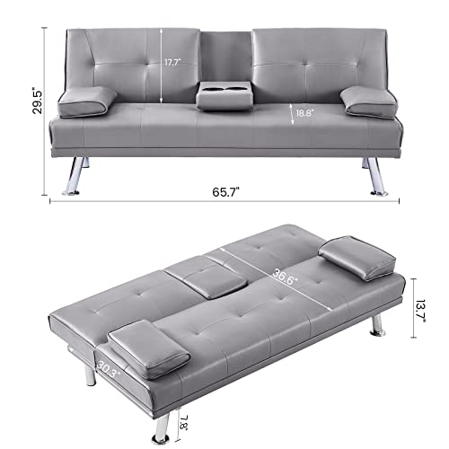 AWQM Faux Leather Futon Sofa Bed Upholstered Modern Convertible Sofa Bed Small Couch Bed Adjustable Couch Sleeper for Compact Living Space, Removable Armrests, Metal Legs, 2 Cupholders, Light Grey