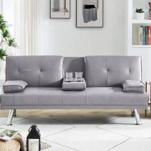 AWQM Faux Leather Futon Sofa Bed Upholstered Modern Convertible Sofa Bed Small Couch Bed Adjustable Couch Sleeper for Compact Living Space, Removable Armrests, Metal Legs, 2 Cupholders, Light Grey