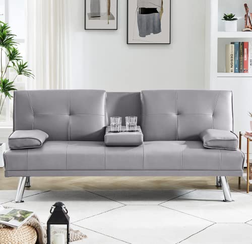 AWQM Faux Leather Futon Sofa Bed Upholstered Modern Convertible Sofa Bed Small Couch Bed Adjustable Couch Sleeper for Compact Living Space, Removable Armrests, Metal Legs, 2 Cupholders, Light Grey