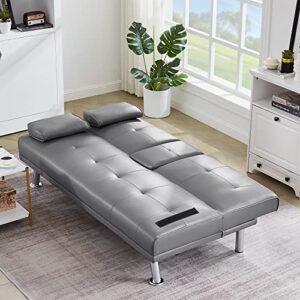 AWQM Faux Leather Futon Sofa Bed Upholstered Modern Convertible Sofa Bed Small Couch Bed Adjustable Couch Sleeper for Compact Living Space, Removable Armrests, Metal Legs, 2 Cupholders, Light Grey