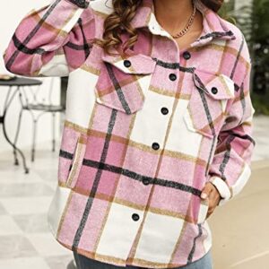 AUTOMET Womens Pink Jacket Casual Plaid Shacket Cute Long Sleeve Shirt Fall Jacket Shackets