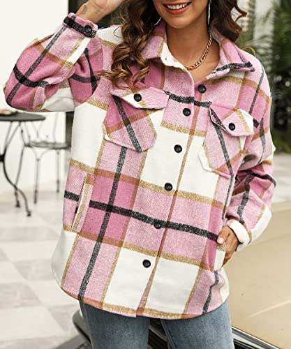 AUTOMET Womens Pink Jacket Casual Plaid Shacket Cute Long Sleeve Shirt Fall Jacket Shackets