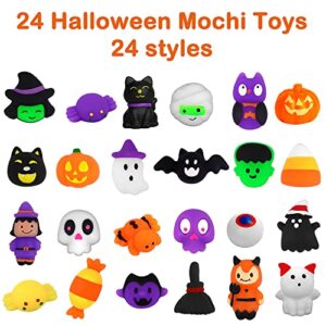 YUJUN 24PCS Halloween Mochi Squishy Toys with Black Cauldron,Kawaii Squishies Mini Stress Relief Toys for Halloween Party Favors Goodie Bag Stuffers for Kids Boys Girls