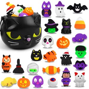 YUJUN 24PCS Halloween Mochi Squishy Toys with Black Cauldron,Kawaii Squishies Mini Stress Relief Toys for Halloween Party Favors Goodie Bag Stuffers for Kids Boys Girls