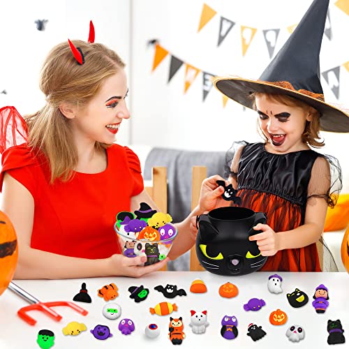 YUJUN 24PCS Halloween Mochi Squishy Toys with Black Cauldron,Kawaii Squishies Mini Stress Relief Toys for Halloween Party Favors Goodie Bag Stuffers for Kids Boys Girls