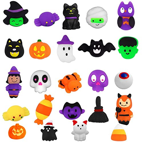 YUJUN 24PCS Halloween Mochi Squishy Toys with Black Cauldron,Kawaii Squishies Mini Stress Relief Toys for Halloween Party Favors Goodie Bag Stuffers for Kids Boys Girls