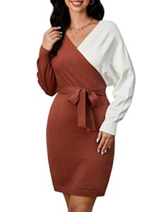 zaful women's v-neck colorblock batwing long sleeve backless bodycon cocktail pullover sweater mini dress with belt