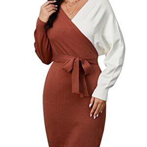 ZAFUL Women's V-Neck Colorblock Batwing Long Sleeve Backless Bodycon Cocktail Pullover Sweater Mini Dress with Belt
