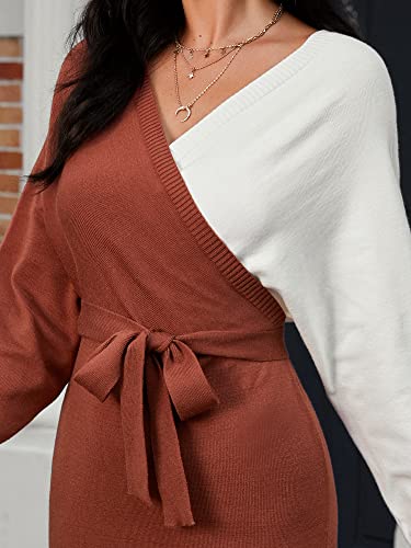 ZAFUL Women's V-Neck Colorblock Batwing Long Sleeve Backless Bodycon Cocktail Pullover Sweater Mini Dress with Belt