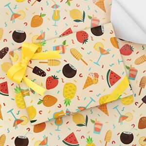 hawaiian gift wrap 6 pcs,20 x 28 inch summer yellow wrapping paper,watermelon orange pineapple lemon strawberry pattern funny tropical wrapping paper for birthday baby shower aloha hula party decor