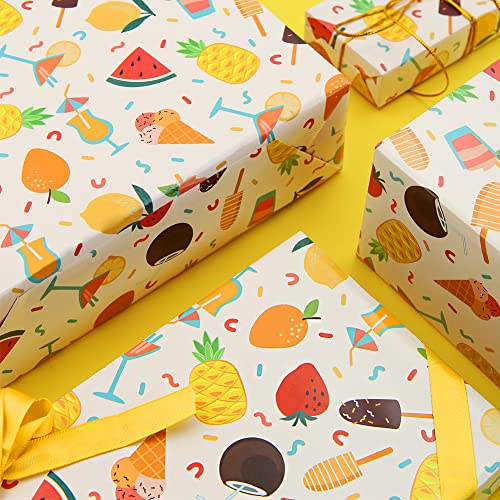 Hawaiian Gift Wrap 6 PCS,20 X 28 Inch Summer Yellow Wrapping Paper,Watermelon Orange Pineapple Lemon Strawberry Pattern Funny Tropical Wrapping Paper For Birthday Baby Shower Aloha Hula Party Decor