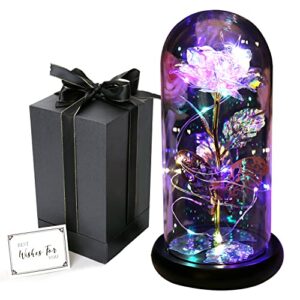 beauty and the beast rose light up galaxy rose gift for mom enchanted forever crystal rose with butterfly in glass dome artificial flower unique birthday gifts for her grandma sister friend (gold)