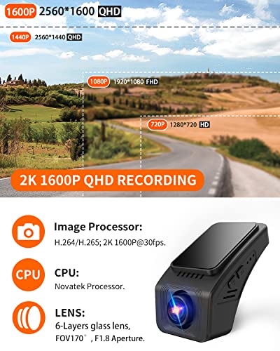 AX2V 2K Dash Cam for Cars with Super Night Vision, 170° Wide Angle, APP Control - Screenless 1600P OE Fit Dash Camera with WDR, G-Sensor, Loop Recording, Parking Mode, Built-in 32GB eMMC Storage