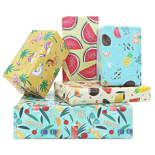 Summer Wrapping Paper Folded Flat, Fruit Tropical Island Beach Theme Wrapping Paper-(5 Designs,10 Sheets,38 sq ft.ttl) - 27 inch X 20 inch Per Sheet-For Kids Boys Girls on Birthday Holiday Baby Shower Pool Party