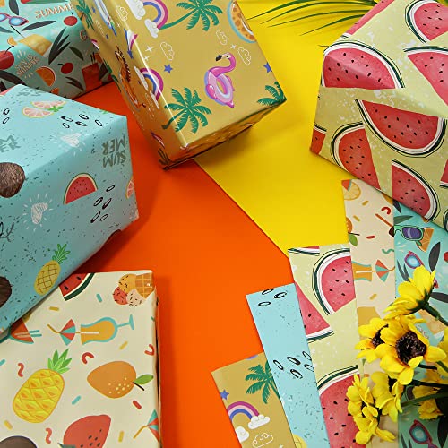 Summer Wrapping Paper Folded Flat, Fruit Tropical Island Beach Theme Wrapping Paper-(5 Designs,10 Sheets,38 sq ft.ttl) - 27 inch X 20 inch Per Sheet-For Kids Boys Girls on Birthday Holiday Baby Shower Pool Party