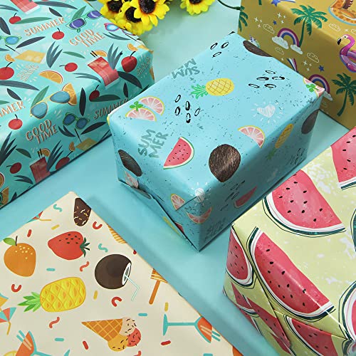 Summer Wrapping Paper Folded Flat, Fruit Tropical Island Beach Theme Wrapping Paper-(5 Designs,10 Sheets,38 sq ft.ttl) - 27 inch X 20 inch Per Sheet-For Kids Boys Girls on Birthday Holiday Baby Shower Pool Party