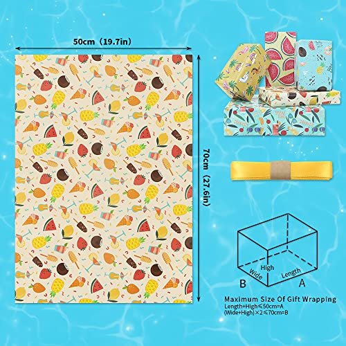 Summer Wrapping Paper Folded Flat, Fruit Tropical Island Beach Theme Wrapping Paper-(5 Designs,10 Sheets,38 sq ft.ttl) - 27 inch X 20 inch Per Sheet-For Kids Boys Girls on Birthday Holiday Baby Shower Pool Party