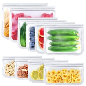 reusable food storage bags leakproof, 10 pack bpa free reusable freezer bags resuable sandwich bags food grade reusable snack bags for meat, fruit, snack, home organization