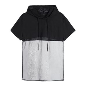 fashion men's t-shirt hooded mesh patchwork sheer sexy top short sleeve street casual menswear black s