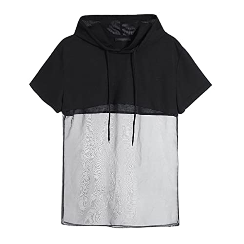 Fashion Men's T-Shirt Hooded Mesh Patchwork Sheer Sexy Top Short Sleeve Street Casual Menswear Black S