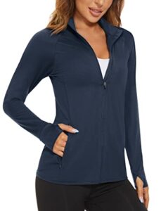 magcomsen women's lightweight athletic jacket zipper running shirts quick dry long sleeve sun protection shirts navy xl