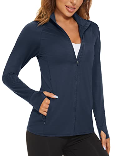 MAGCOMSEN Women's Lightweight Athletic Jacket Zipper Running Shirts Quick Dry Long Sleeve Sun Protection Shirts Navy XL