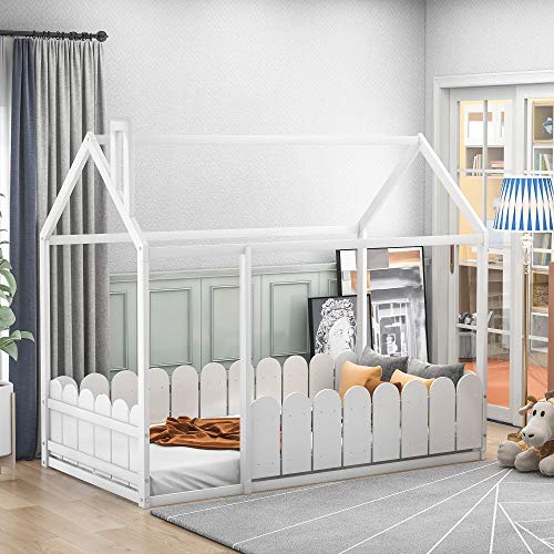 Merax Twin Size House Bed Frames Platform Bed with Fence for Boys or Girls, Box Spring Needed(Slats Kit Not Included), White