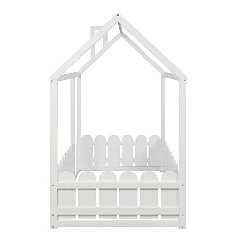 Merax Twin Size House Bed Frames Platform Bed with Fence for Boys or Girls, Box Spring Needed(Slats Kit Not Included), White