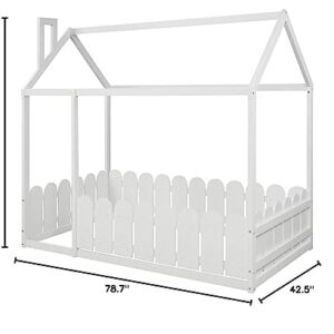 Merax Twin Size House Bed Frames Platform Bed with Fence for Boys or Girls, Box Spring Needed(Slats Kit Not Included), White