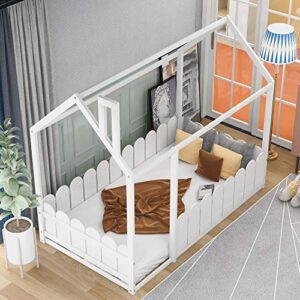 Merax Twin Size House Bed Frames Platform Bed with Fence for Boys or Girls, Box Spring Needed(Slats Kit Not Included), White