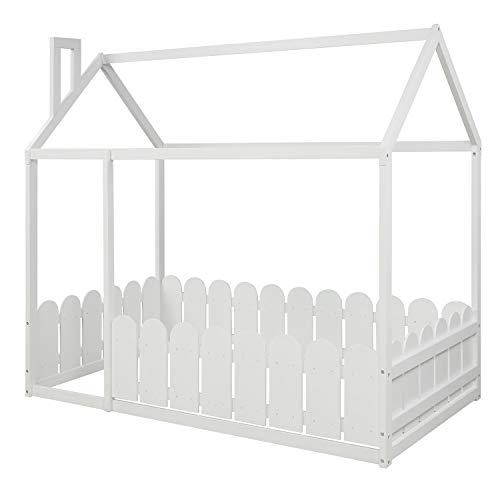 Merax Twin Size House Bed Frames Platform Bed with Fence for Boys or Girls, Box Spring Needed(Slats Kit Not Included), White