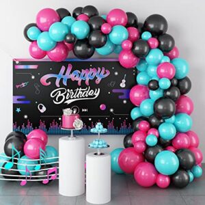 Music Happy Birthday Party Decorations Hot Pink Black Peacock Blue Balloons Garland Arch Kit with Musical Backdrop Social Media Banner for Birthday Party Supplies Photography