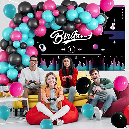 Music Happy Birthday Party Decorations Hot Pink Black Peacock Blue Balloons Garland Arch Kit with Musical Backdrop Social Media Banner for Birthday Party Supplies Photography