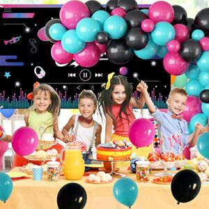 Music Happy Birthday Party Decorations Hot Pink Black Peacock Blue Balloons Garland Arch Kit with Musical Backdrop Social Media Banner for Birthday Party Supplies Photography