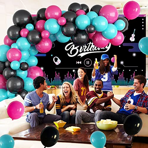 Music Happy Birthday Party Decorations Hot Pink Black Peacock Blue Balloons Garland Arch Kit with Musical Backdrop Social Media Banner for Birthday Party Supplies Photography