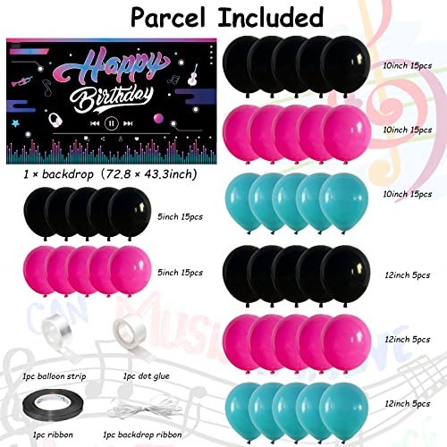 Music Happy Birthday Party Decorations Hot Pink Black Peacock Blue Balloons Garland Arch Kit with Musical Backdrop Social Media Banner for Birthday Party Supplies Photography